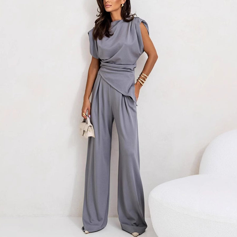 Ensemble femme haut et pantalon coupe droite uni