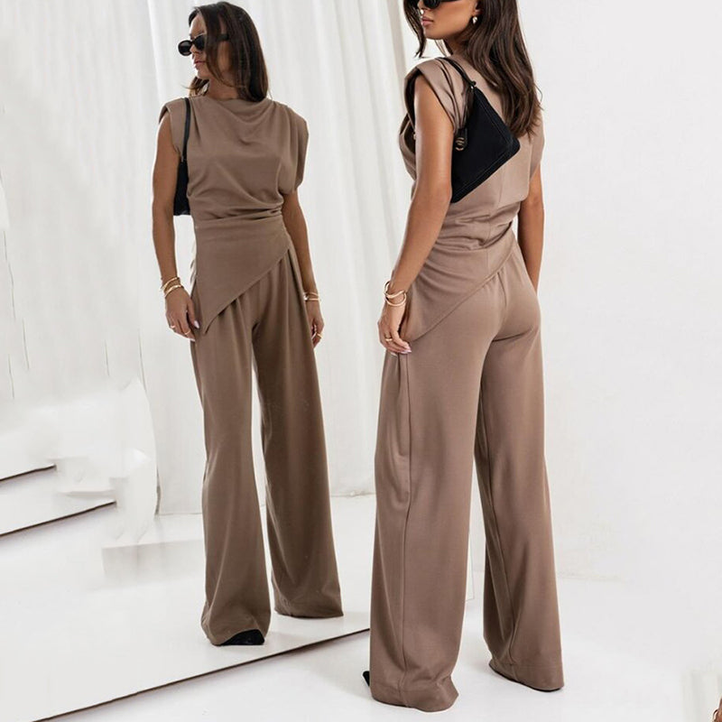 Ensemble femme haut et pantalon coupe droite uni
