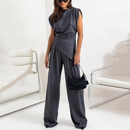 Ensemble femme haut et pantalon coupe droite uni