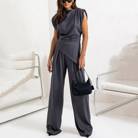 Ensemble femme haut et pantalon coupe droite uni